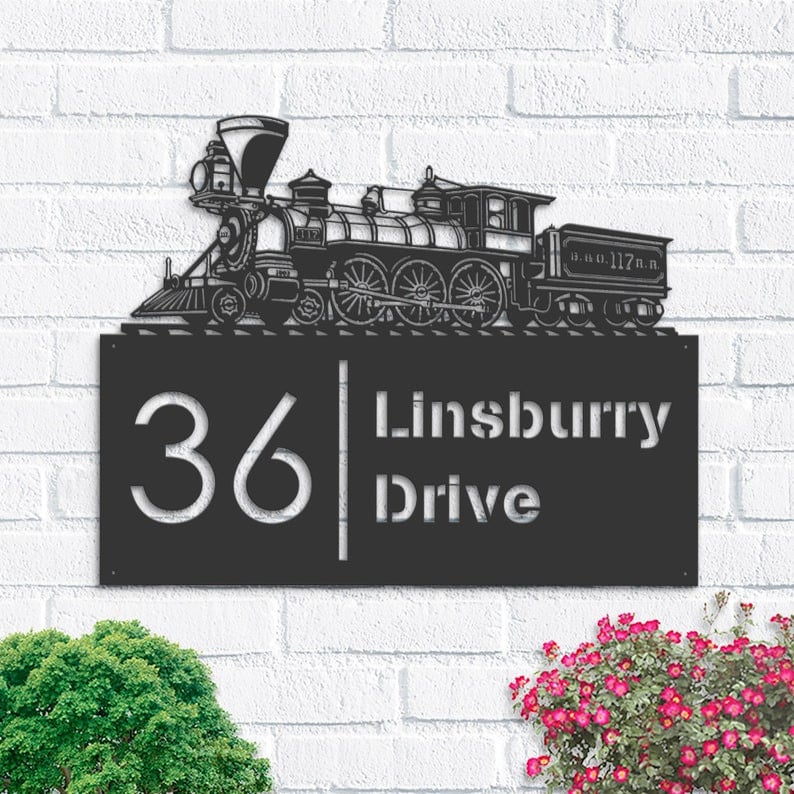 Railspirit Personalized Train Metal Address Sign House Number Hanging Address Plaque Yard Sign Outdoor Sign