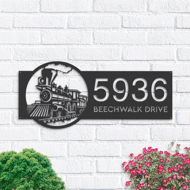 Railspirit Personalized Train Metal Address Sign Hanging Address Plaque Yard Sign, Outdoor Sign