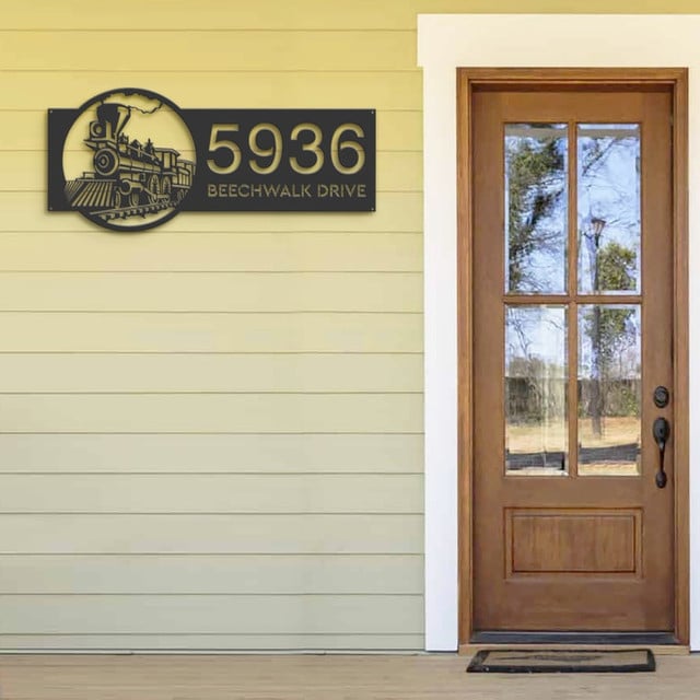 Railspirit Personalized Train Metal Address Sign Hanging Address Plaque Yard Sign, Outdoor Sign