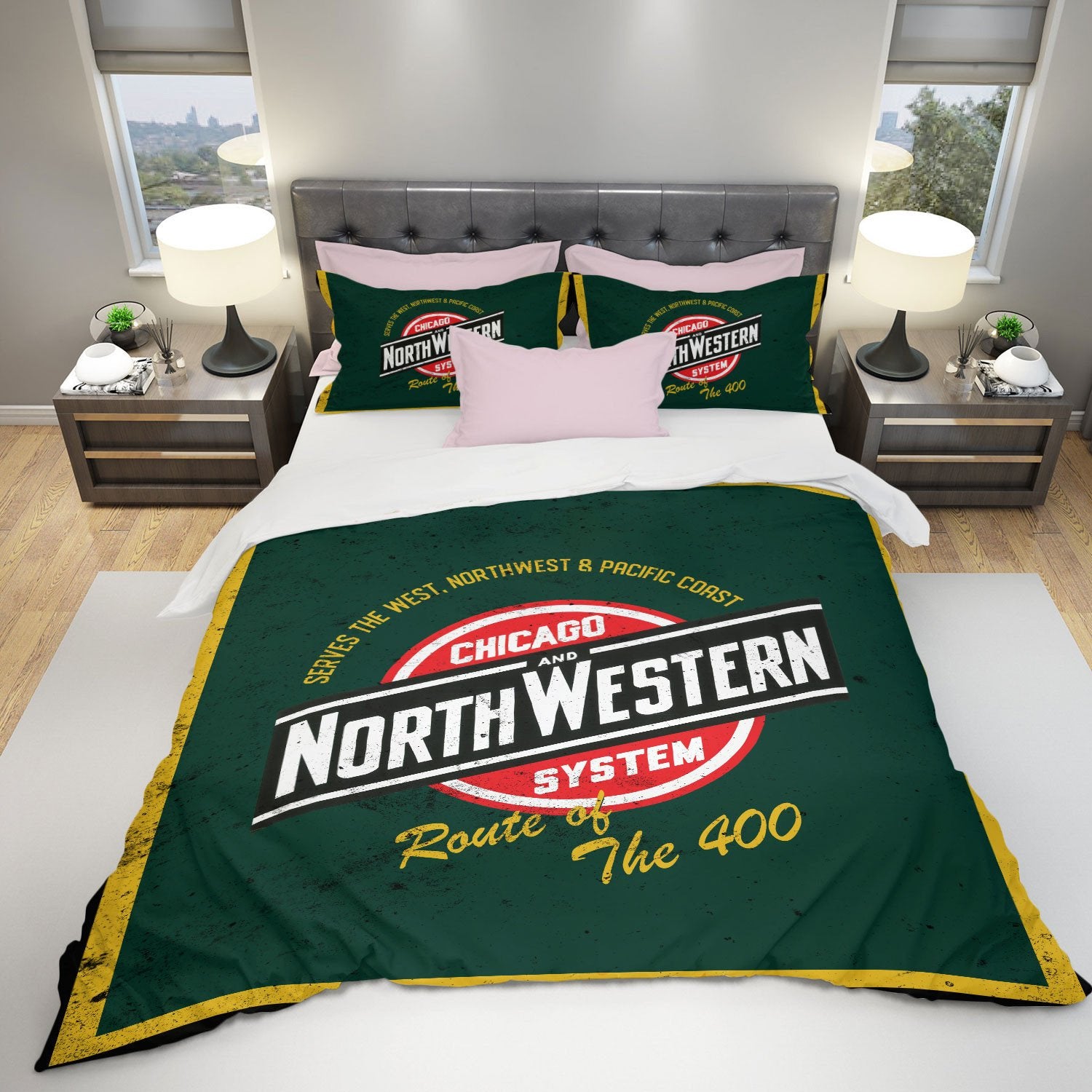 Railspirit Chicago North Western Railroad Curve Style Printed Bedding Set
