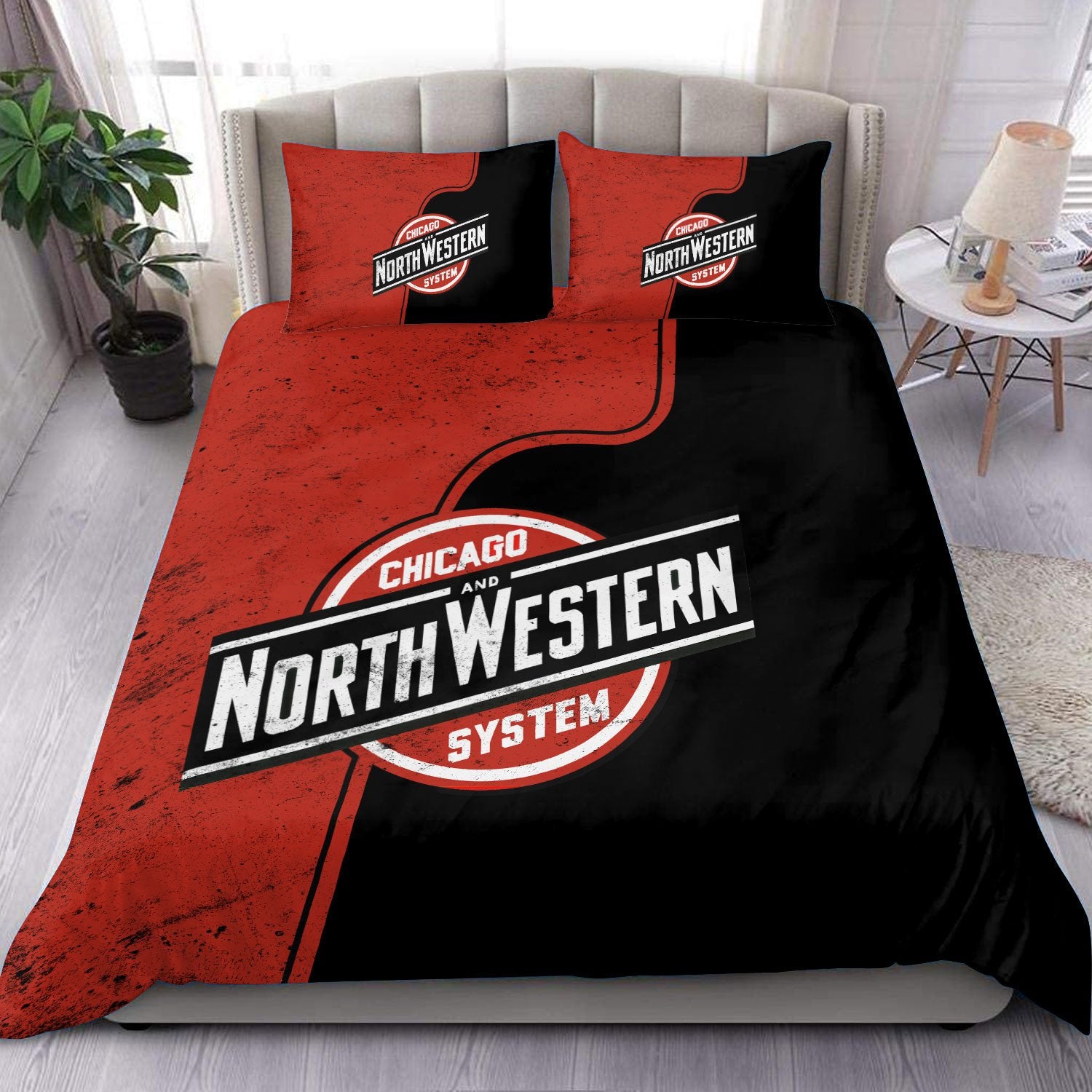 Railspirit Chicago North Western Railroad Red Printed Bedding Set