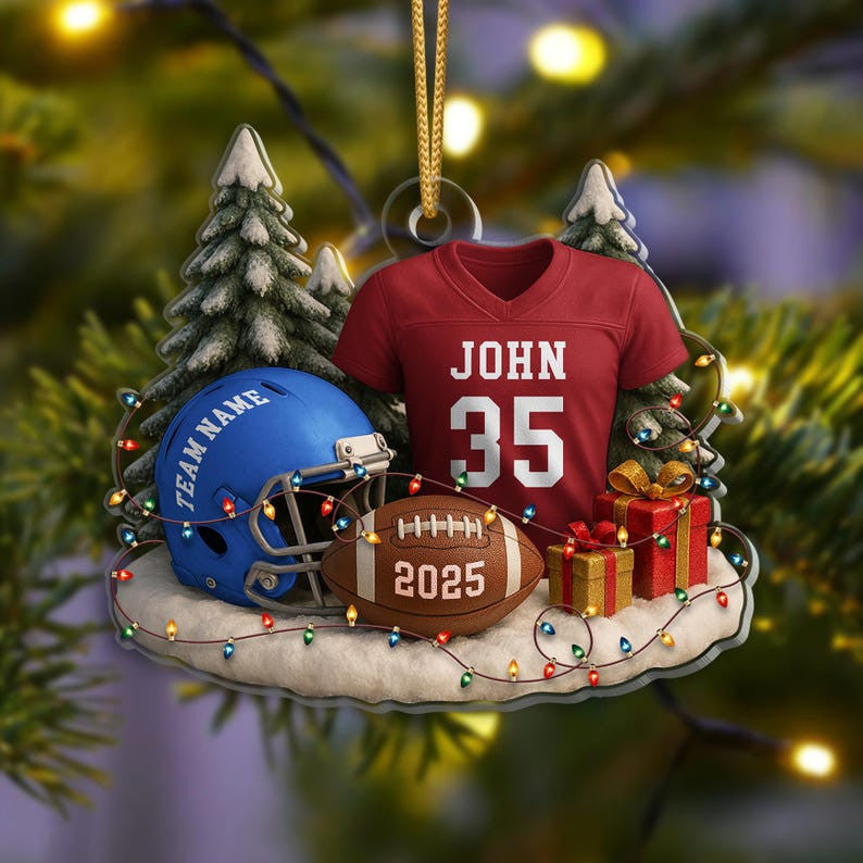 Personalized Football Ornament 2025, Custom Jersey & Helmet Keepsake, Christmas Tree Decor, Flat 2D Ornament