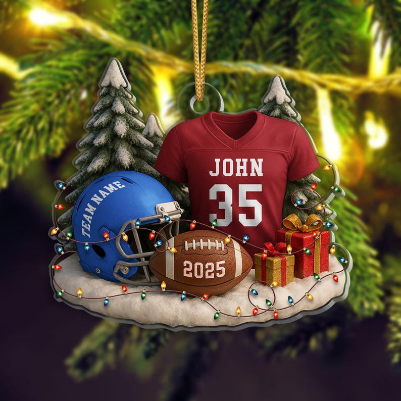 Personalized Football Ornament 2025, Custom Jersey & Helmet Keepsake, Christmas Tree Decor, Flat 2D Ornament