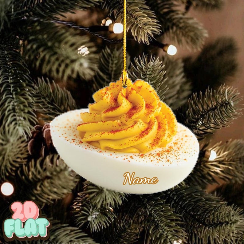 Personalized Deviled Egg 2D Flat Ornament, Funny Food Christmas Tree Decor, Custom Foodie Holiday Gift, Unique Egg Lover Kitchen Keepsake