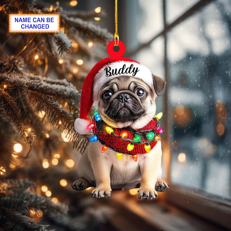 Custom Name Cute Sitting Pug Dog With Santa Hat Christmas Ornament, Christmas Tree Hanging Decor, Christmas Ornament, Flat 2D Ornament