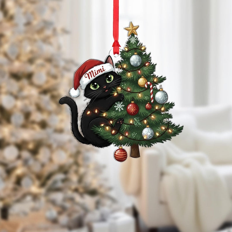 Personalized Black Cat Christmas Ornament, Christmas Tree Hanging Decor,Flat 2D Ornament Acrylic, Gift For Pet Lover