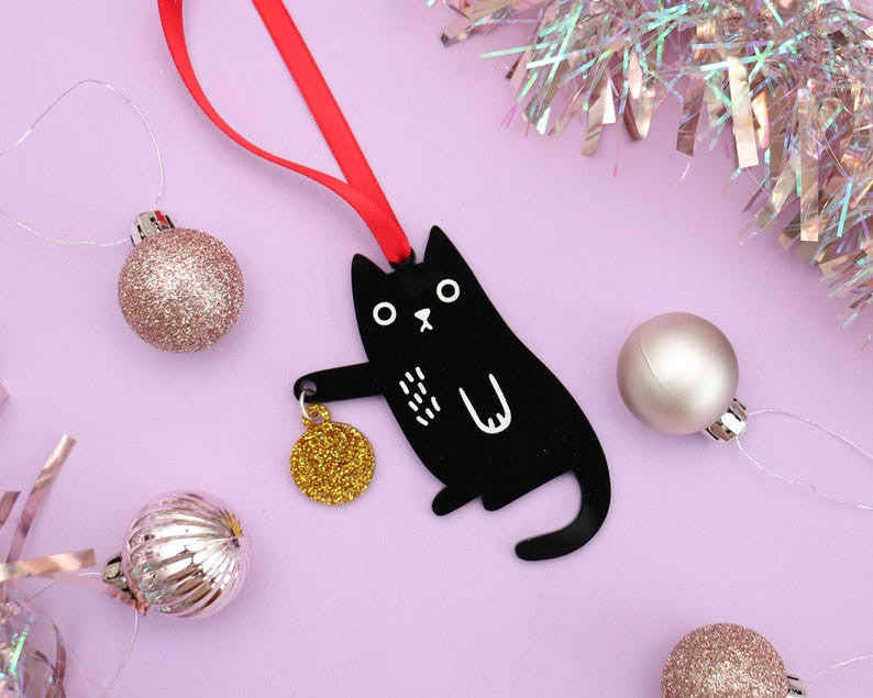 Quirky Cat Christmas Decoration With Glitter Gold Or Red Bauble, Unique Acrylic Tree Ornament