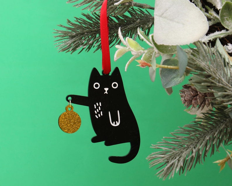 Quirky Cat Christmas Decoration With Glitter Gold Or Red Bauble, Unique Acrylic Tree Ornament