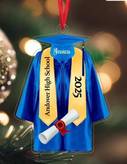 Personalized Graduation Gown Ornament: School Name, Christmas Tree Hanging Decor, Flat 2D Ornament Acrylic