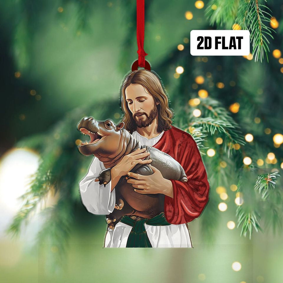 Jesus Holding Moo Deng 2D Flat Ornament, Hippo Rearview, Christmas Ornament 2025, Gift For Christian