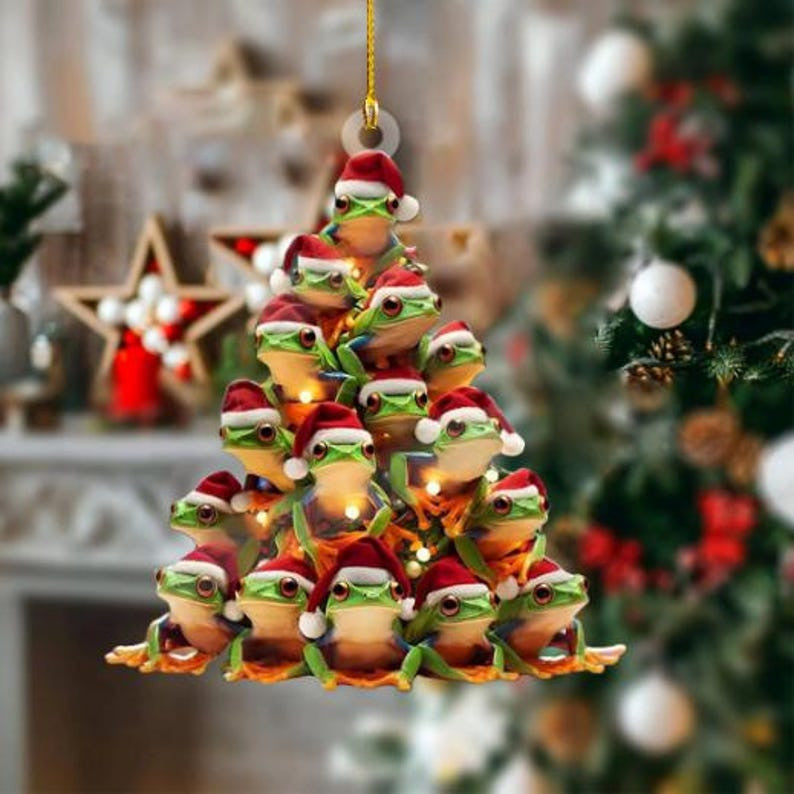 Cute Frog Ornament For Christmas Tree Acrylic Holiday Decor With Santa Hat Frogs, Funny Xmas Gift For Frog Lovers, Family, Friends