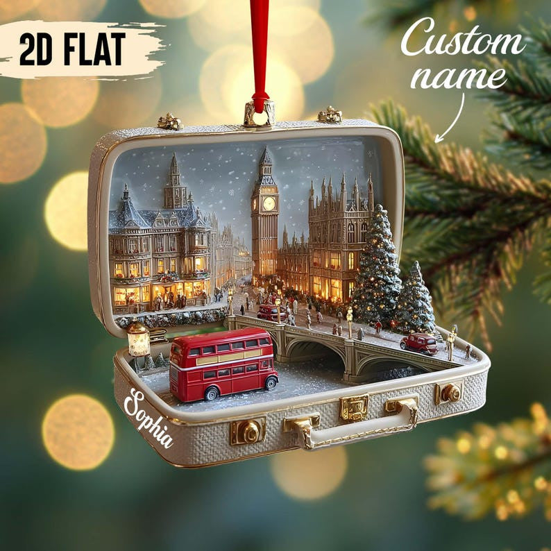 Detailed London Cityscape Christmas Ornament, Handcrafted Suitcase Diorama, Holiday Travel Keepsake Decor