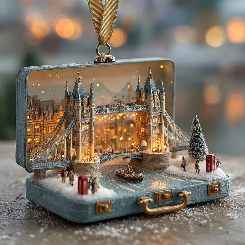 Detailed London Cityscape Christmas Ornament, Handcrafted Suitcase Diorama, Holiday Travel Keepsake Decor