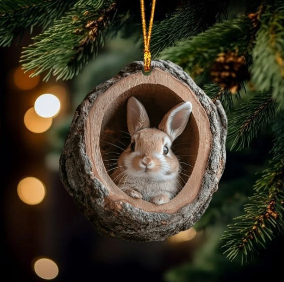 Cute Bunny Ornament, 2D Flat Ornament, Adorable Rabbit Christmas Tree Decoration, Rustic Woodland Holiday Ornament Gift For Animal Lovers