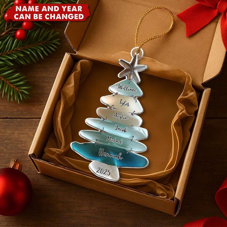 Personalized Family Sea Glass 2D Flat Christmas Tree Ornament, Custom Name Ocean Style Family Keepsake, Holiday Gift For Beach Lovers
