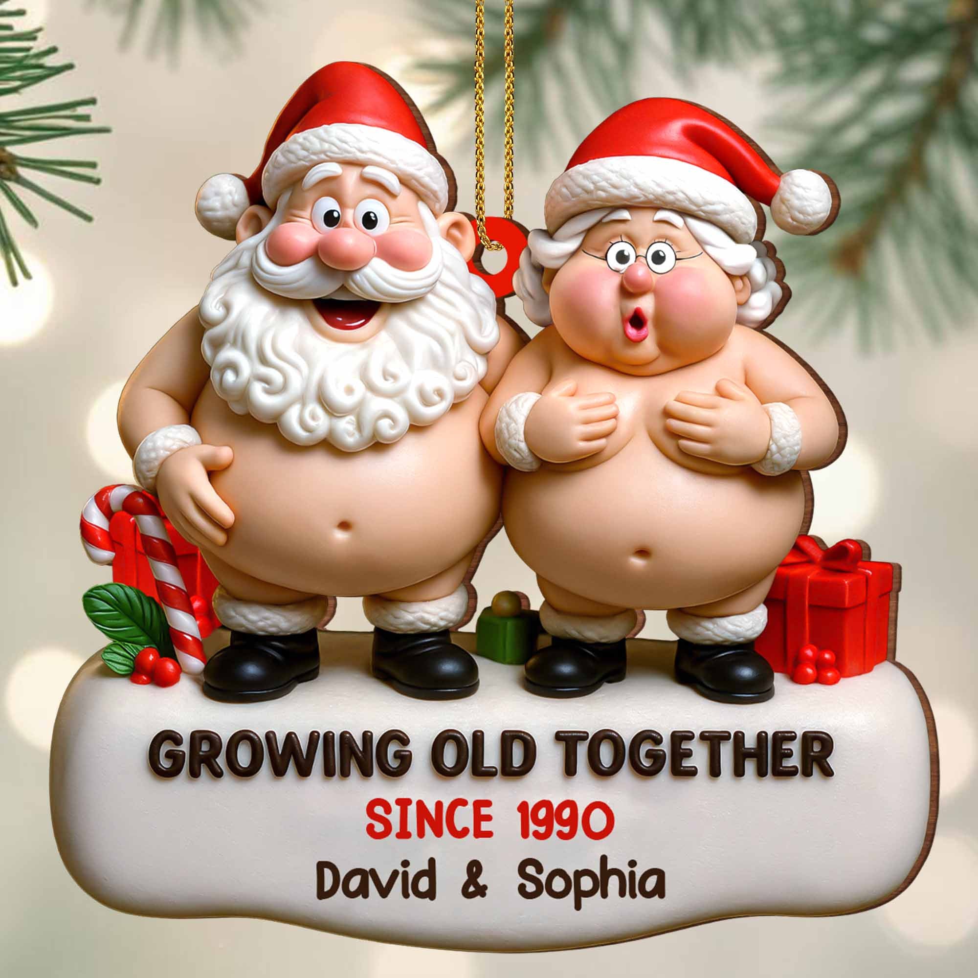 2D Custom Funny Santa Couple Ornament Growing Old Together Santa And Mrs. Claus Ornament Gift For Couple