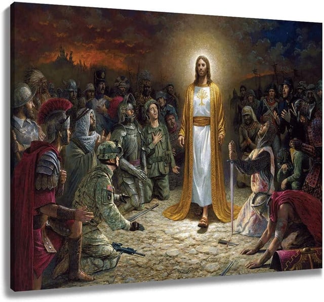 Jesus Protecting Soldiers Wall Art, Christian Military Canvas for Veterans & Faith Decor