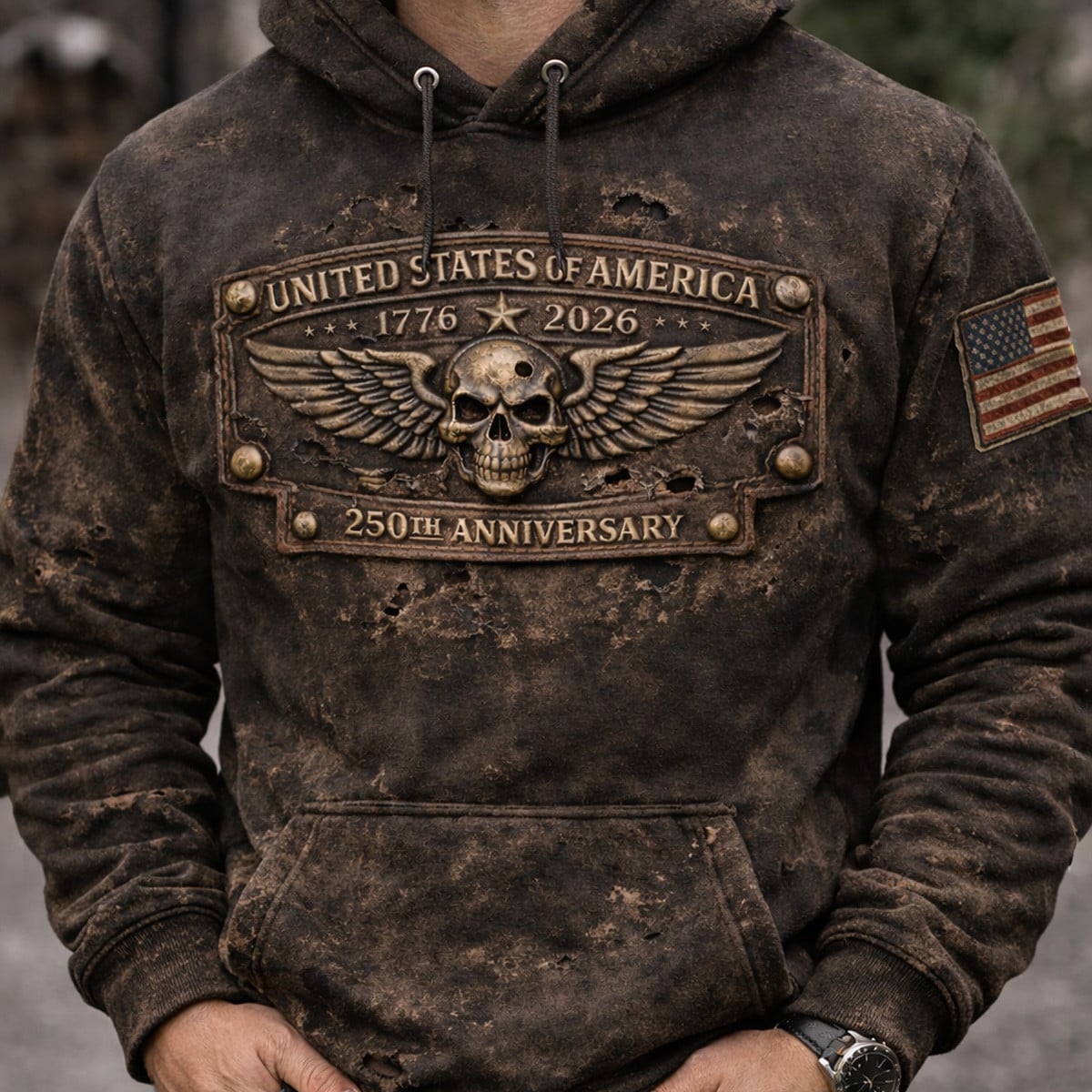 Printed USA 250th Anniversary Hoodie, United States of America Skull Eagle Distressed Patriotic Hoodie for Men