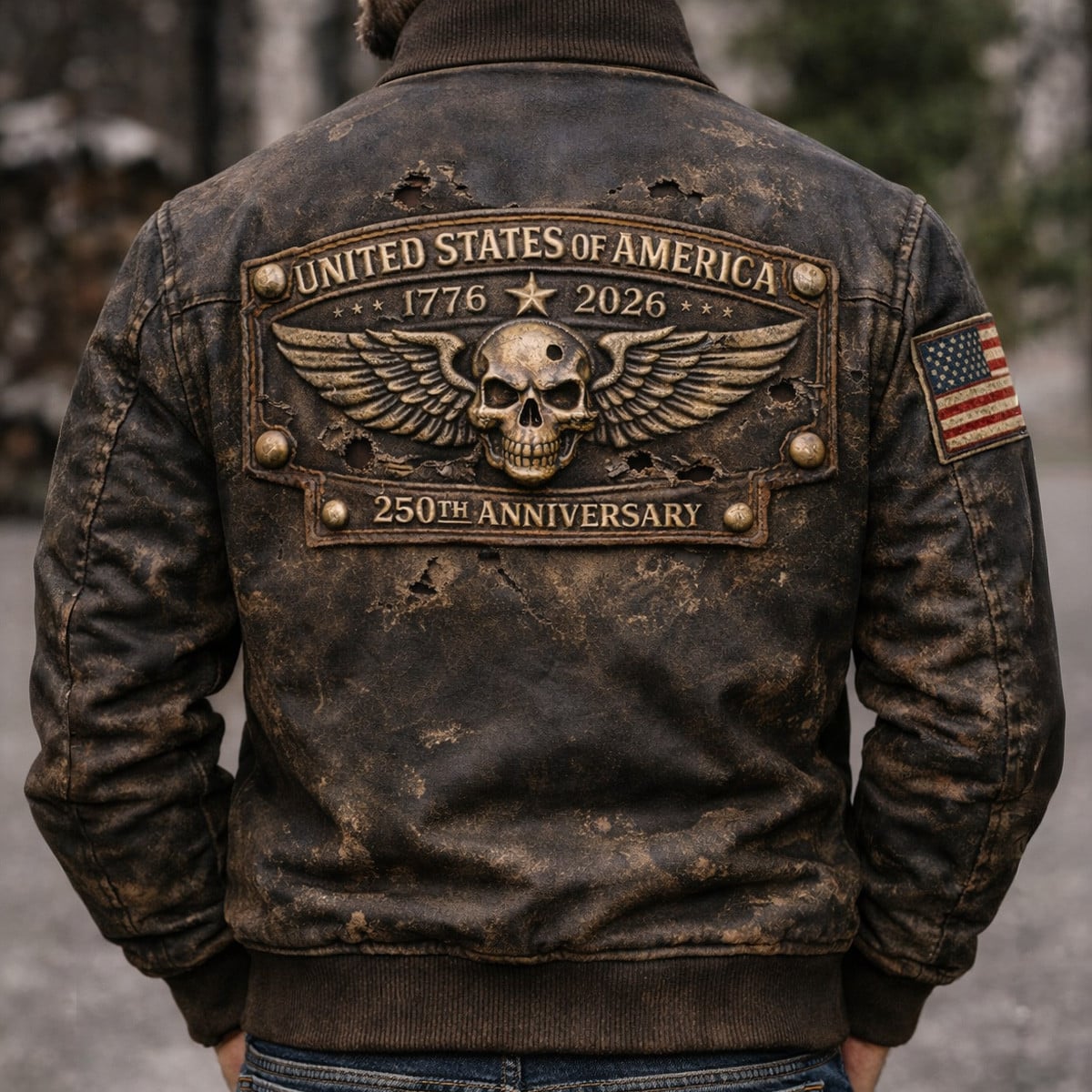 Printed USA 250th Anniversary Jacket, United States of America Skull Eagle Patriotic Vintage Style Men Jacket