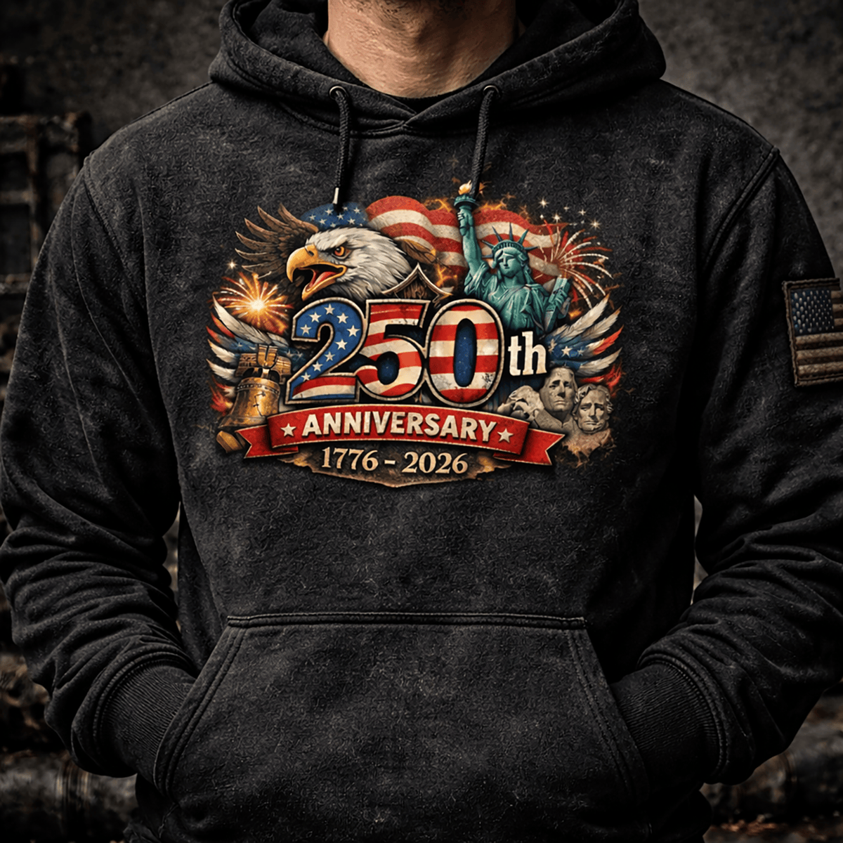 Printed 250th Anniversary USA Hoodie, America 1776–2026 Patriotic Hoodie, Eagle Freedom Independence Day Veteran Gift