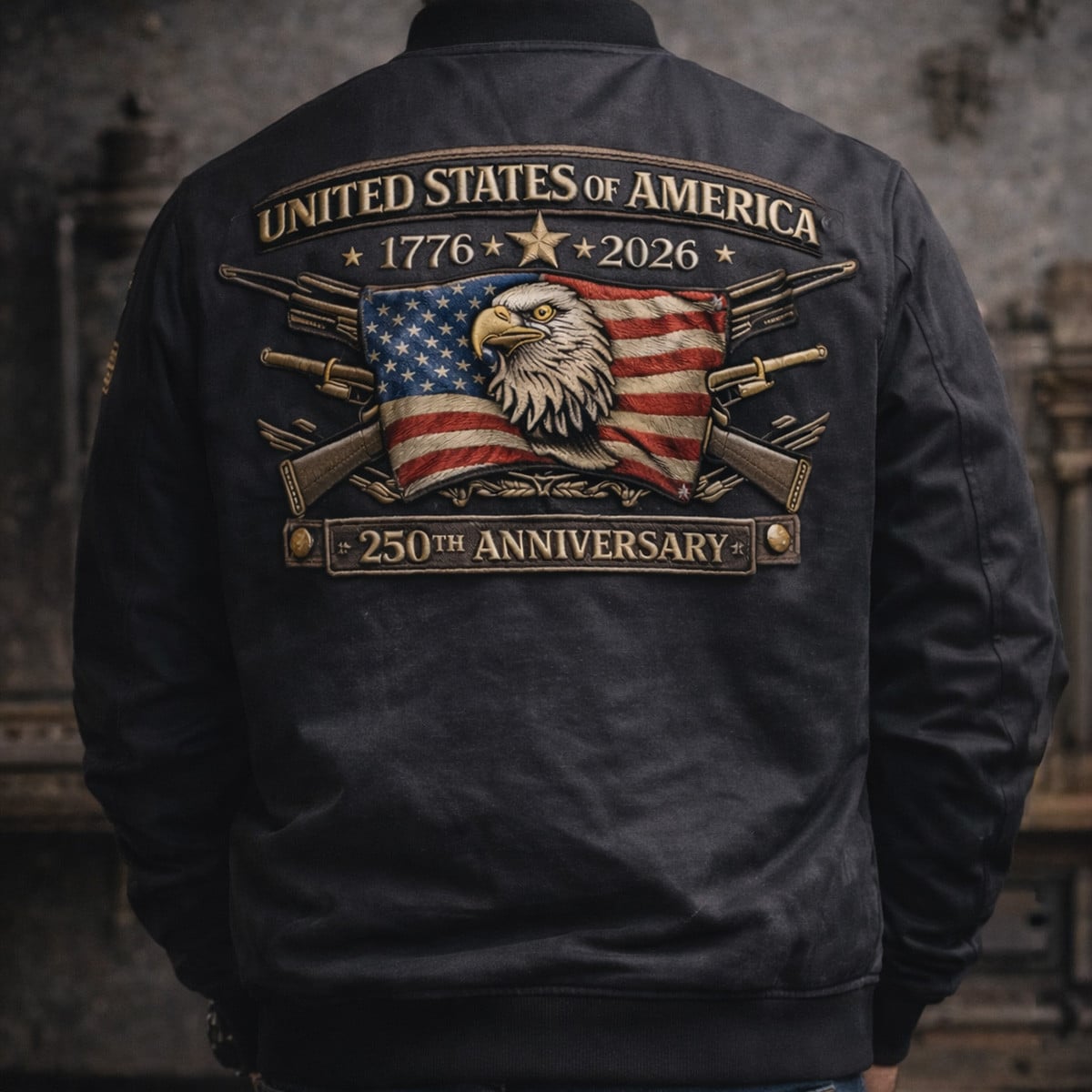 Printed USA 250th Anniversary Bomber Jacket, United States of America 1776–2026 Eagle Flag Jacket, Patriotic Veteran Gift