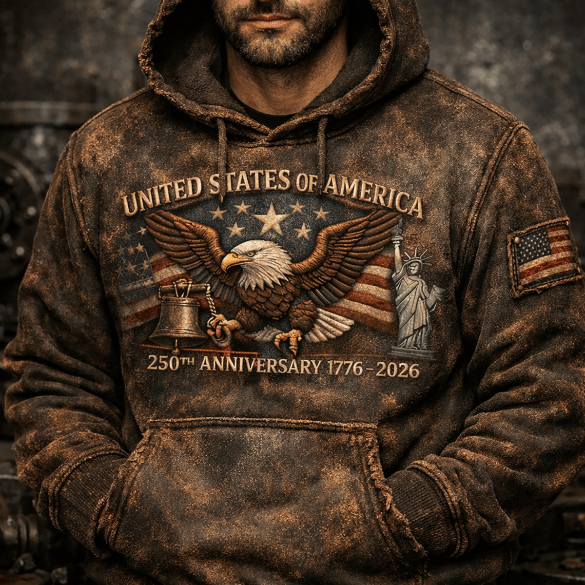 United States of America 250th Anniversary 1776–2026 Printed Hoodie, Patriotic Eagle Sweatshirt, Vintage USA Gift for Men