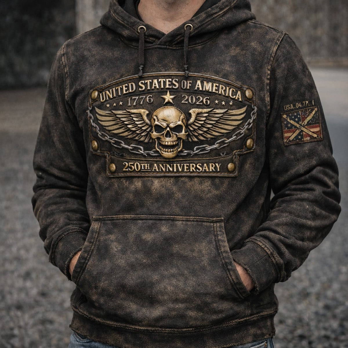 United States 250th Anniversary 1776 2026 Skull Wings Graphic Printed Hoodie for Men Patriotic Pullover Gift for Dad Veteran Biker