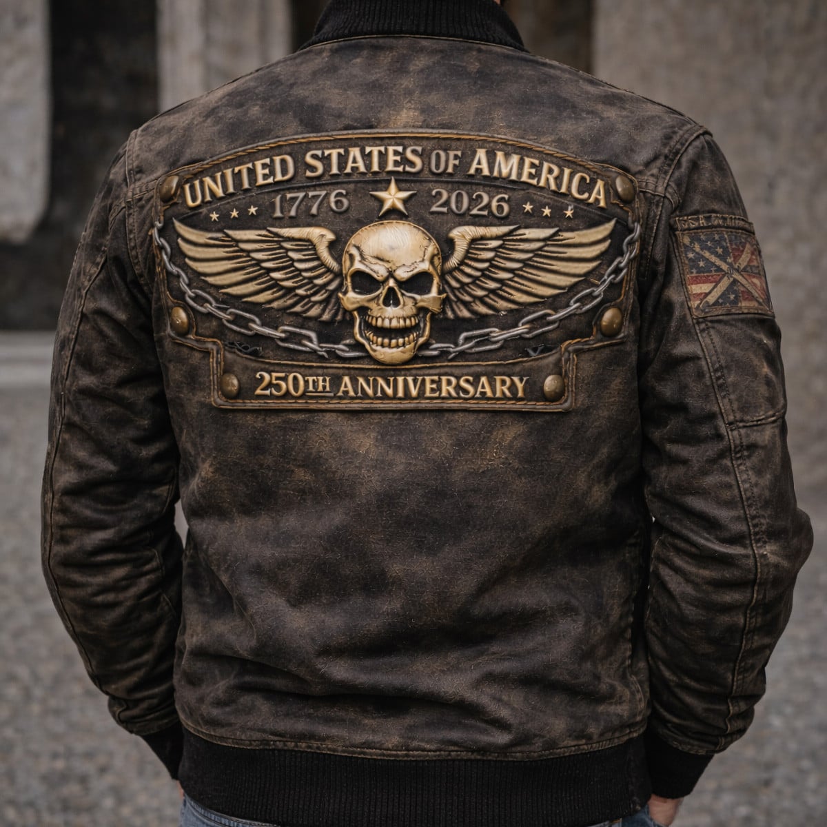 United States 250th Anniversary 1776 2026 Skull Wings Graphic Printed Bomber Jacket for Men Patriotic Biker Style Gift for Veteran Independence Day