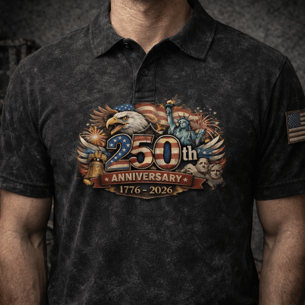 Printed 250th Anniversary USA Polo Shirt, America 1776–2026 Patriotic Polo, Eagle Freedom Independence Day Men Gift