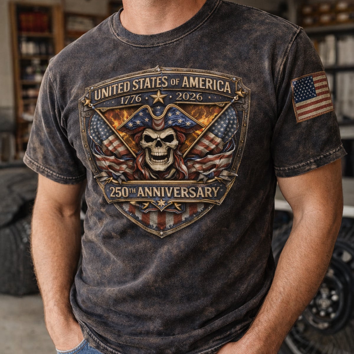 USA 250th Anniversary 1776-2026 Printed T Shirt, Patriotic Skull American Flag Graphic Print Tee, Independence Day Gift