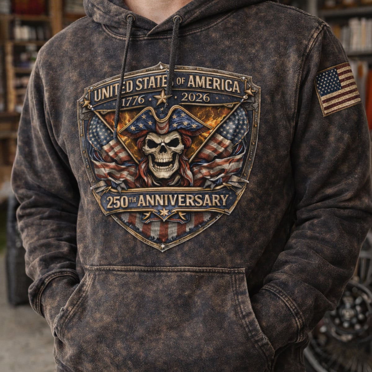 USA 250th Anniversary 1776-2026 Printed Hoodie, Patriotic Skull American Flag Graphic Print Sweatshirt, 4th of July Gift
