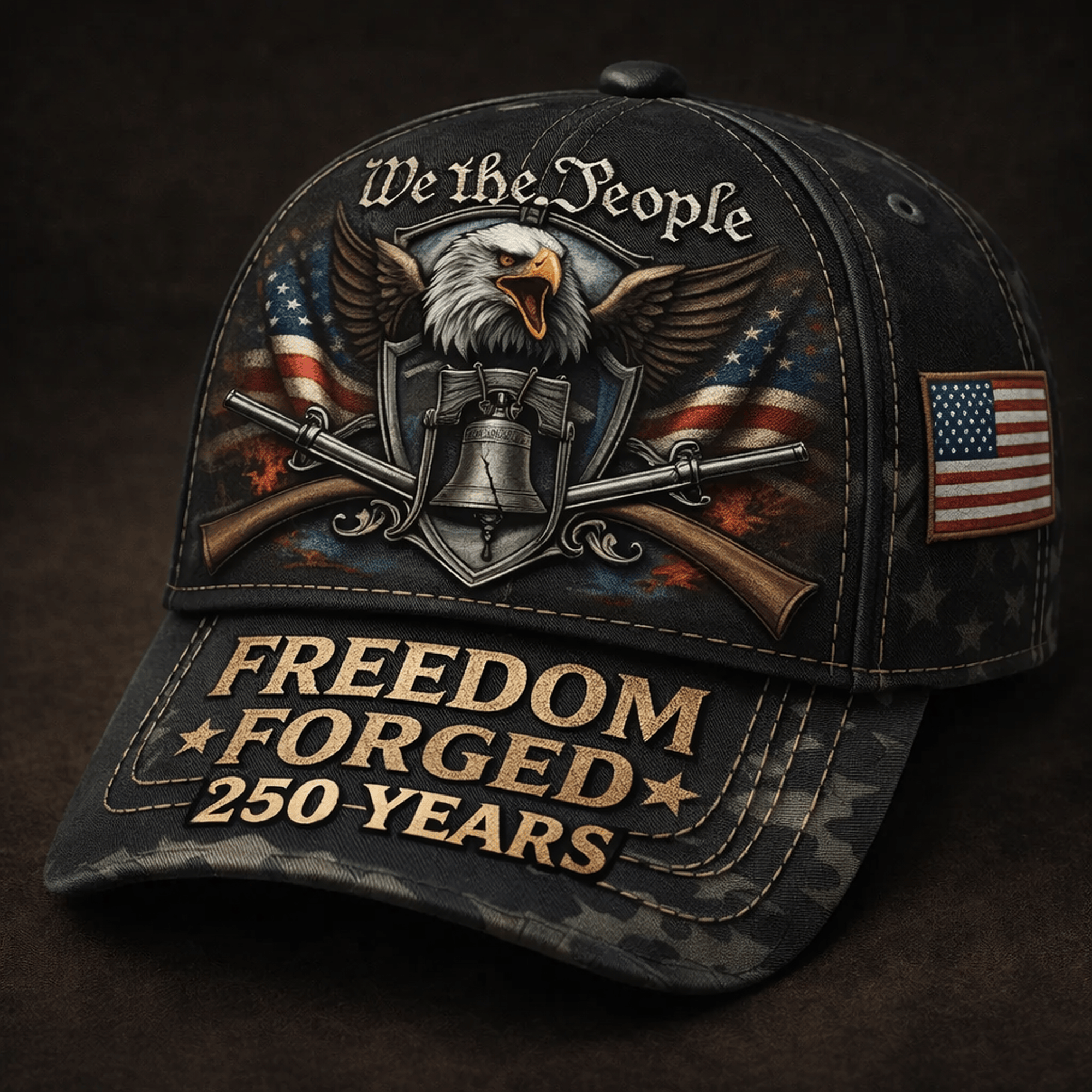 We The People Freedom Forged 250 Years Printed Trucker Cap, Patriotic Eagle American Flag Graphic Print Hat, USA 250th Gift