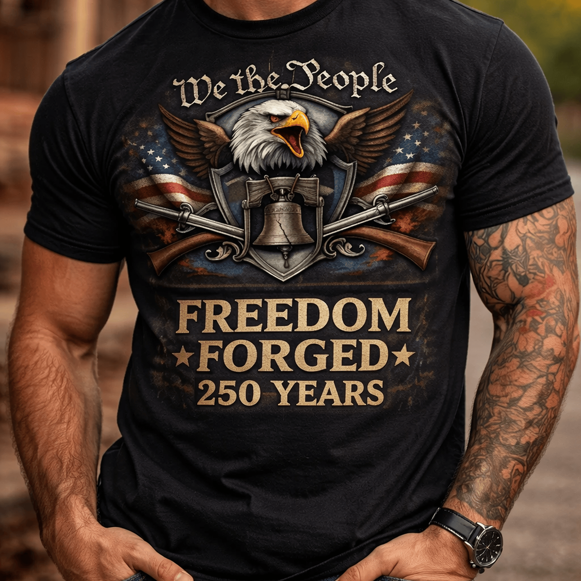 We The People Freedom Forged 250 Years Printed T Shirt, Patriotic Eagle American Flag Graphic Print Tee, USA 250th Anniversary