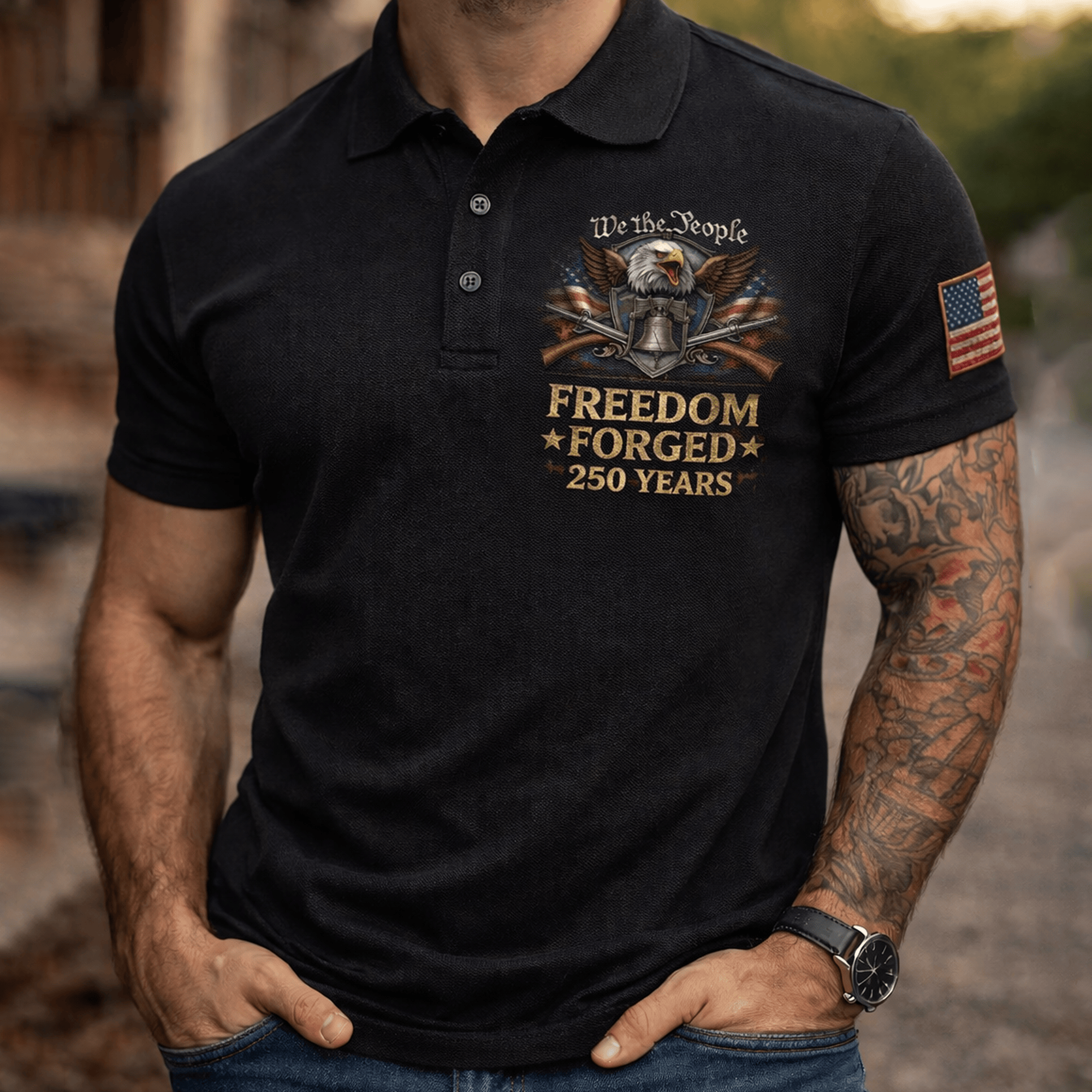 We The People Freedom Forged 250 Years Printed Polo Shirt, Patriotic Eagle American Flag Graphic Print Golf Tee USA Gift