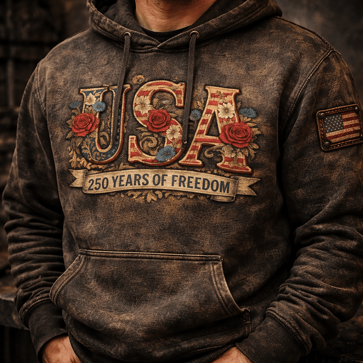 USA 250 Years of Freedom Printed Hoodie, Patriotic Floral USA Graphic Print Sweatshirt, Vintage American Flag Print Hoodie, 4th of July Independence Day Gift