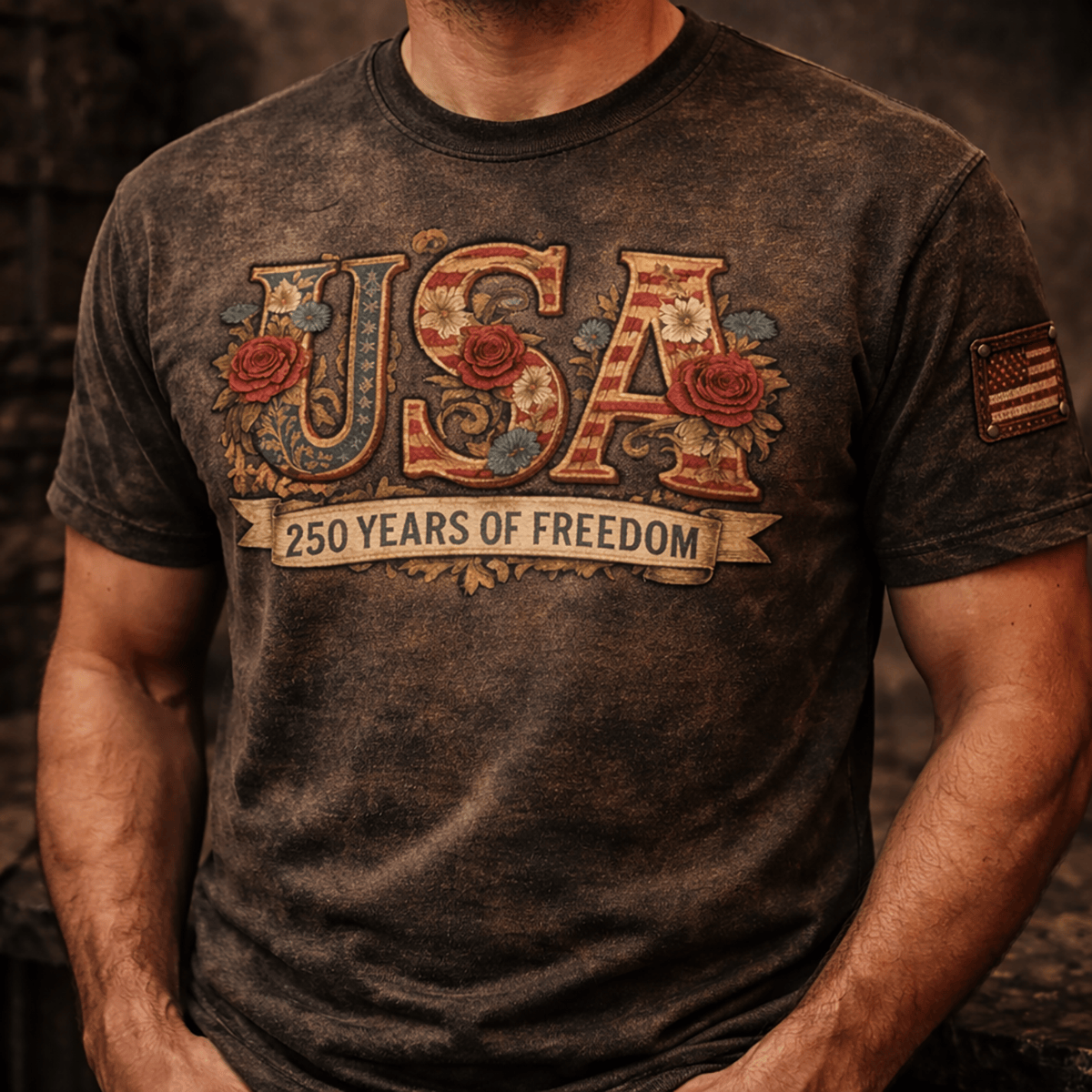 USA 250 Years of Freedom Printed T Shirt, Patriotic Floral USA Graphic Print Tee, Vintage American Flag Print Shirt, 4th of July Independence Day Gift