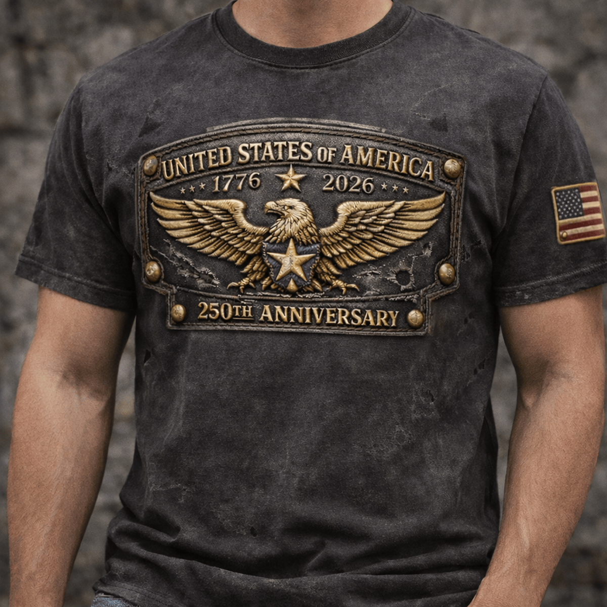 United States of America 250th Anniversary Printed T-Shirt 1776-2026 Patriotic Eagle Graphic Print Vintage USA Independence Day Shirt Gift for Men Veteran