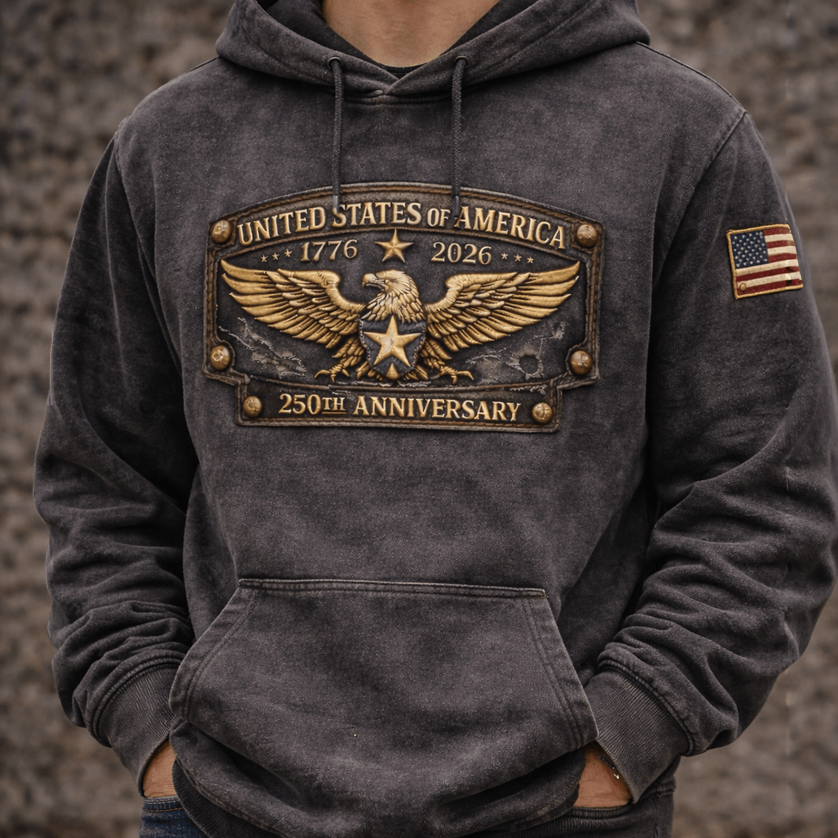 United States of America 250th Anniversary Printed Hoodie 1776-2026 Patriotic Eagle Graphic Print Vintage USA Independence Day Gift for Him