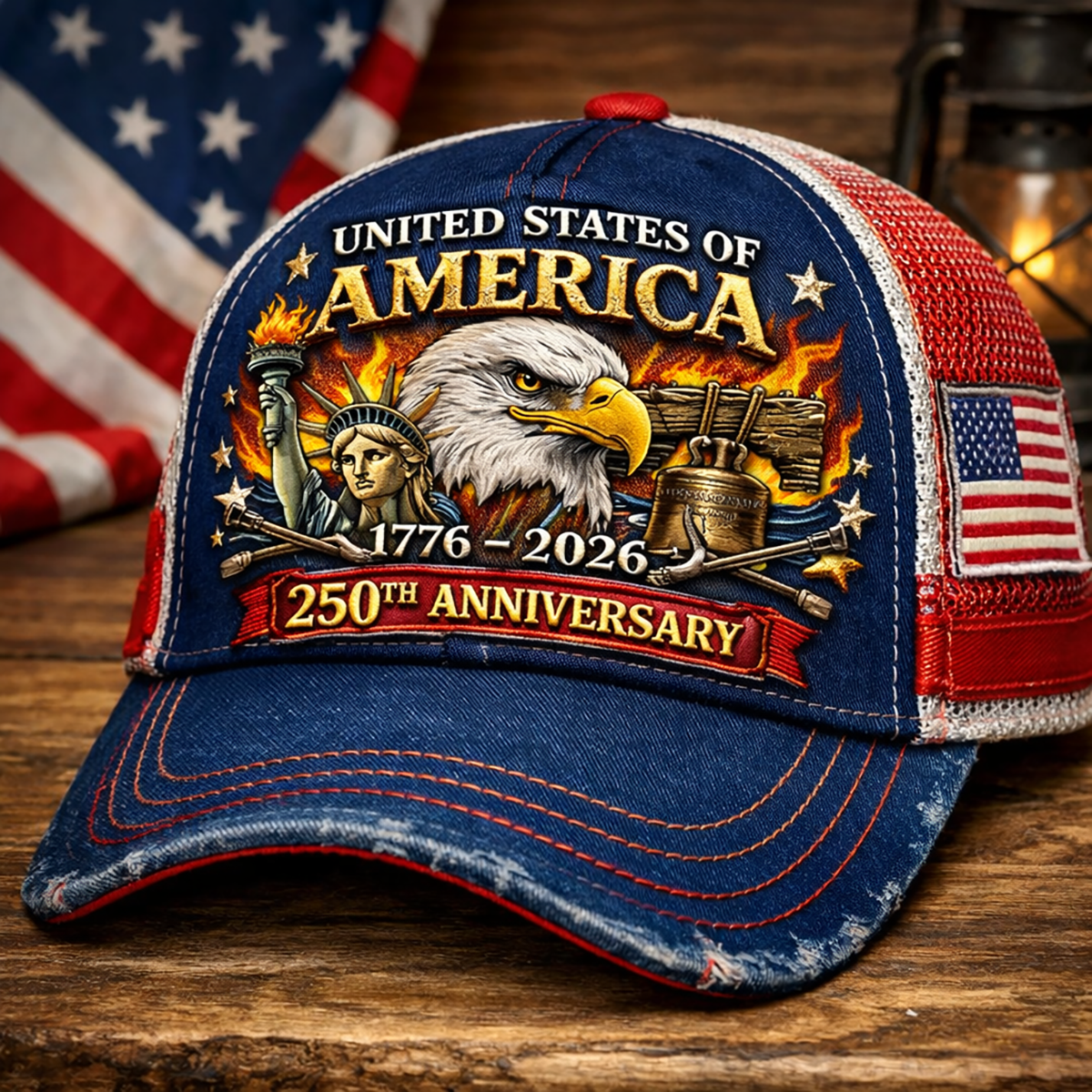 USA 250th Anniversary 1776–2026 Printed Trucker Cap, Patriotic Eagle Liberty Bell Hat, America Independence Day Gift for Men