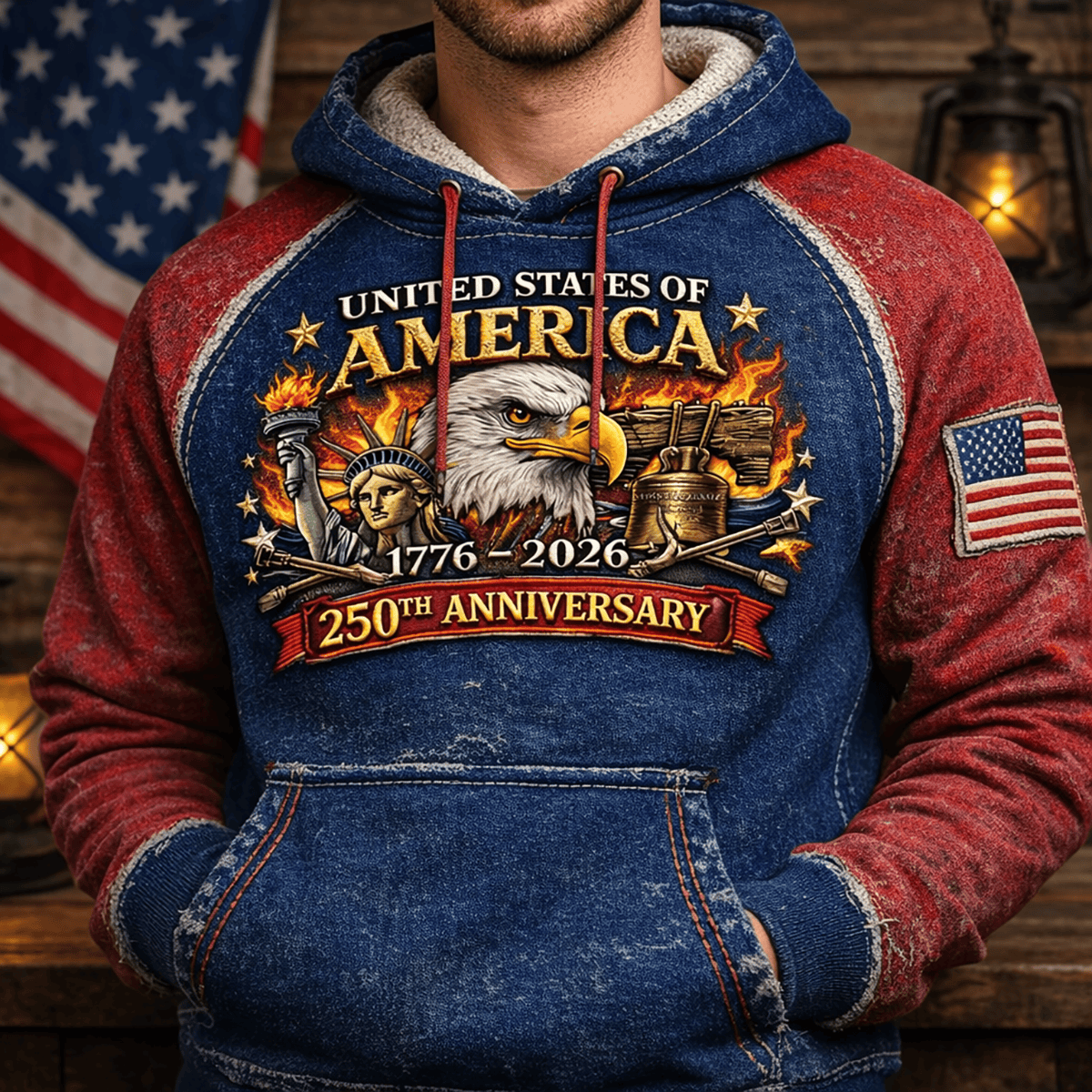 USA 250th Anniversary 1776–2026 Printed Hoodie, Patriotic Eagle Statue of Liberty Sweatshirt, Independence Day Gift for Men