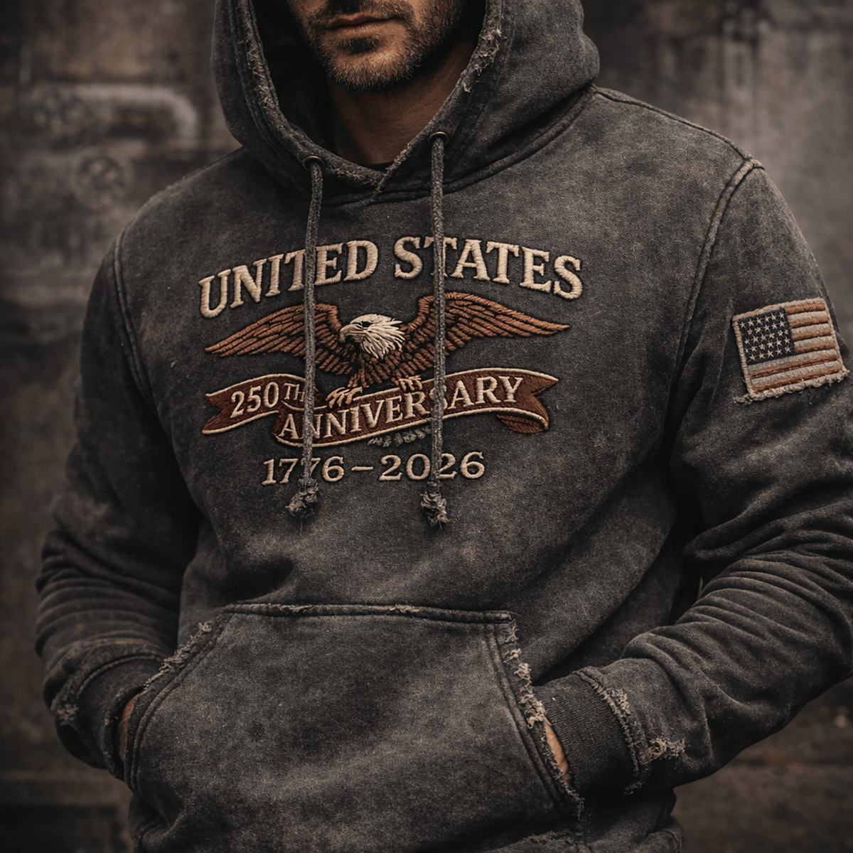 United States 250th Anniversary 1776–2026 Printed Hoodie, Patriotic Eagle, Vintage USA Independence Gift For Him