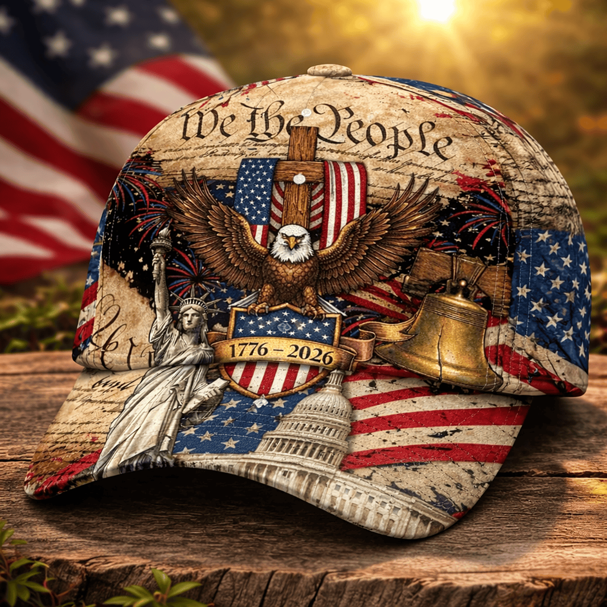 We The People 1776–2026 250th Anniversary Printed Cap, Patriotic Eagle Liberty Bell Hat, Vintage USA Flag Independence Gift