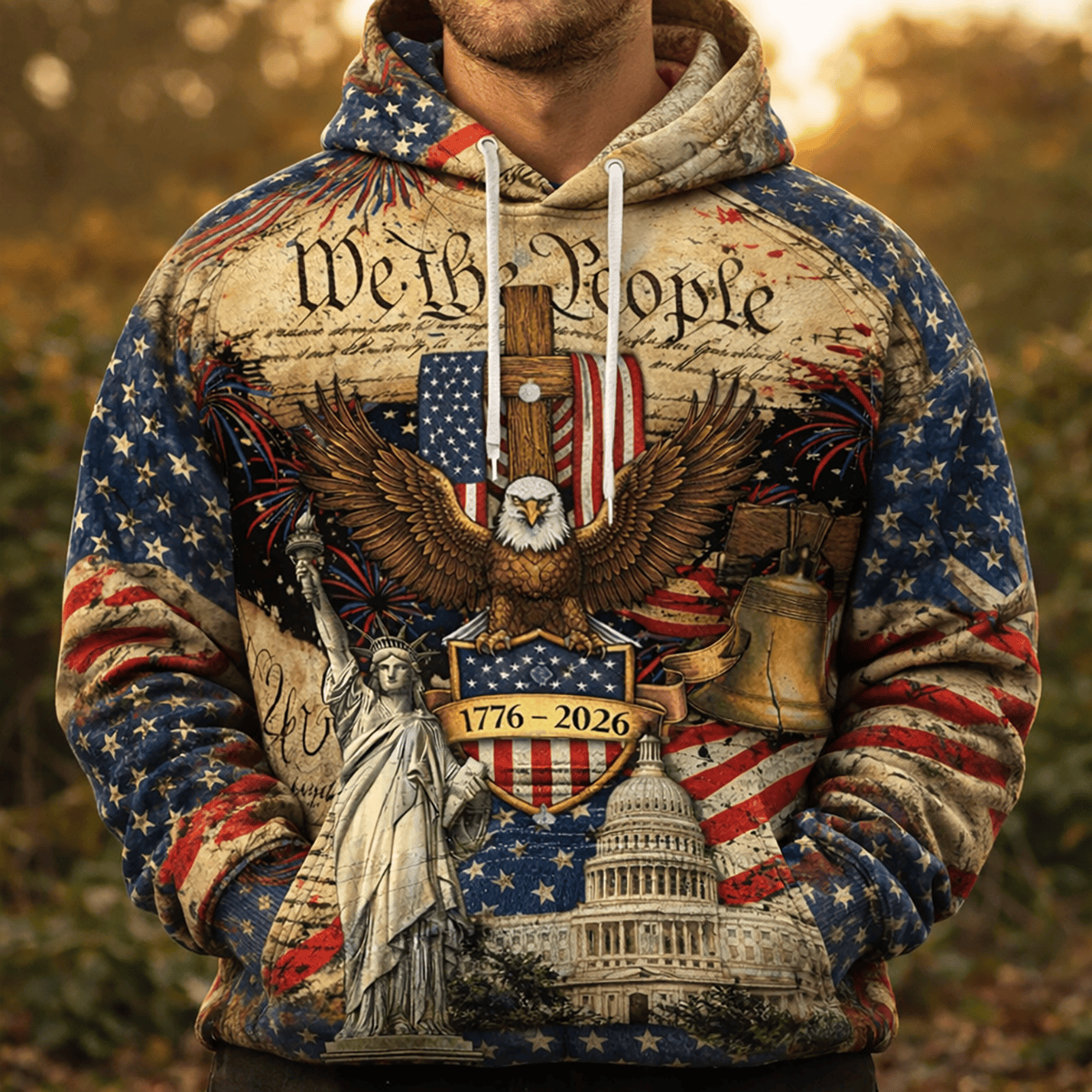 We The People 1776–2026 250th Anniversary Printed Hoodie, Patriotic Eagle Statue of Liberty, USA Freedom Gift