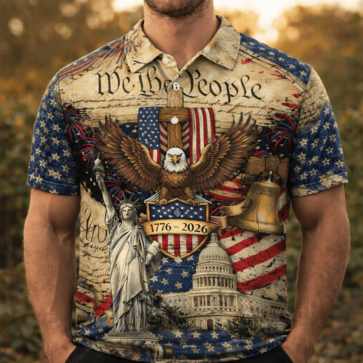 We The People 1776–2026 250th Anniversary Printed Polo Shirt, Patriotic Eagle Liberty Bell Collared Tee, USA Gift