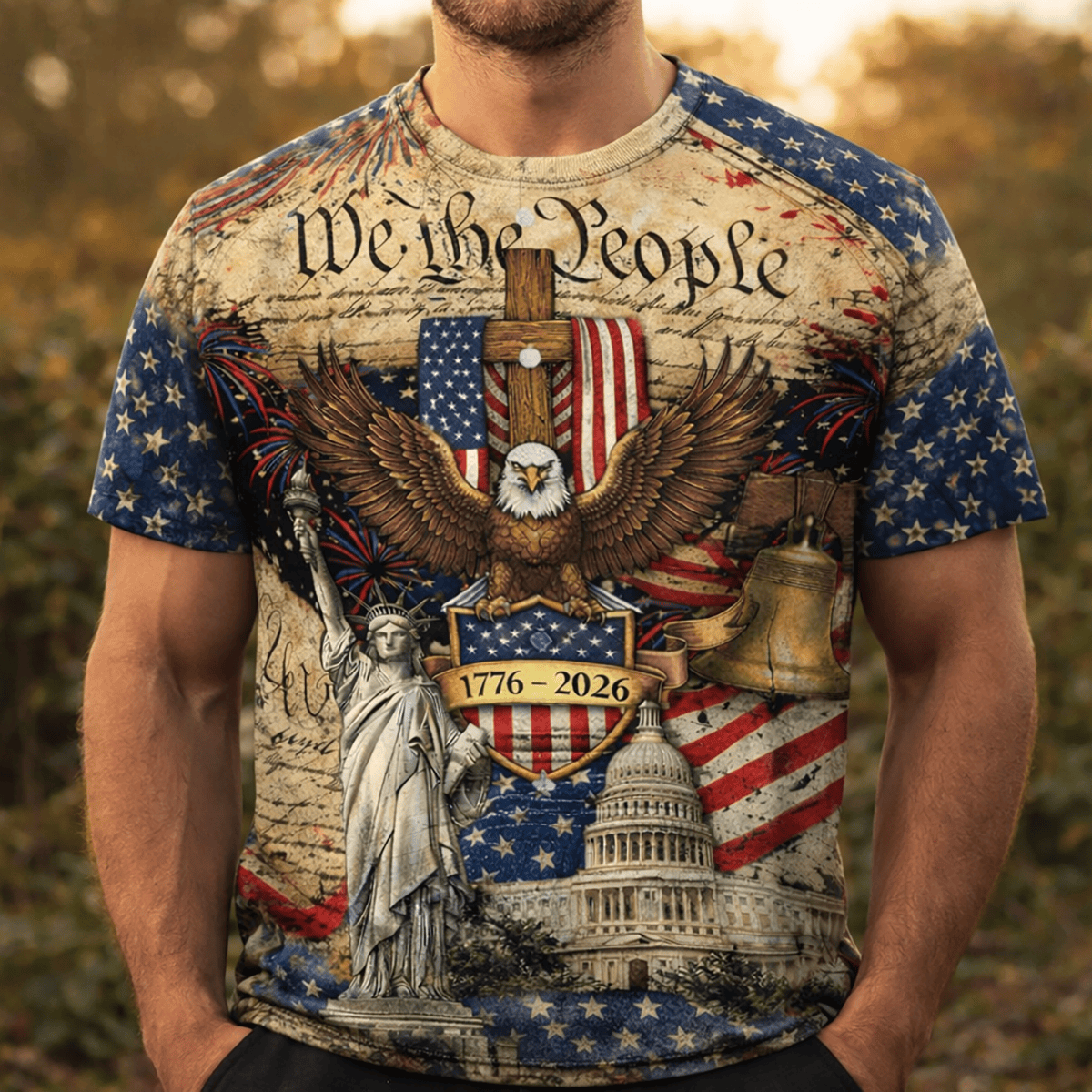 We The People 1776–2026 250th Anniversary Printed T Shirt, Patriotic Eagle Statue of Liberty Graphic Tee, USA Gift