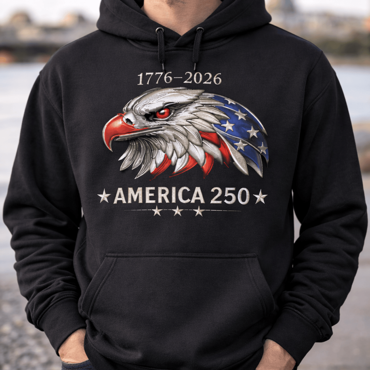 America 250 1776–2026 Printed Hoodie, Patriotic Eagle USA 250th Anniversary, Independence Day Gift for Men