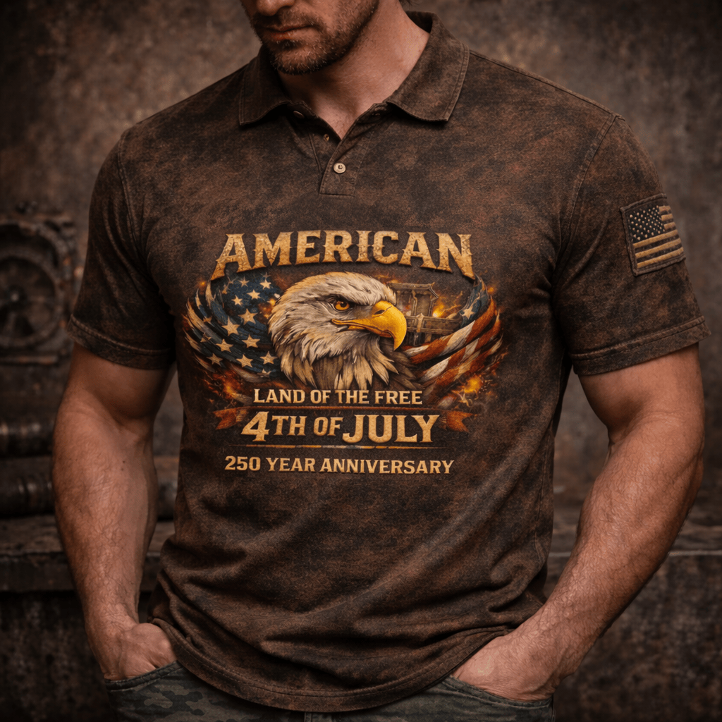Printed American Eagle 4th Of July Polo Shirt, Patriotic USA Polo 250 Year Anniversary, Independence Day Gift For Men