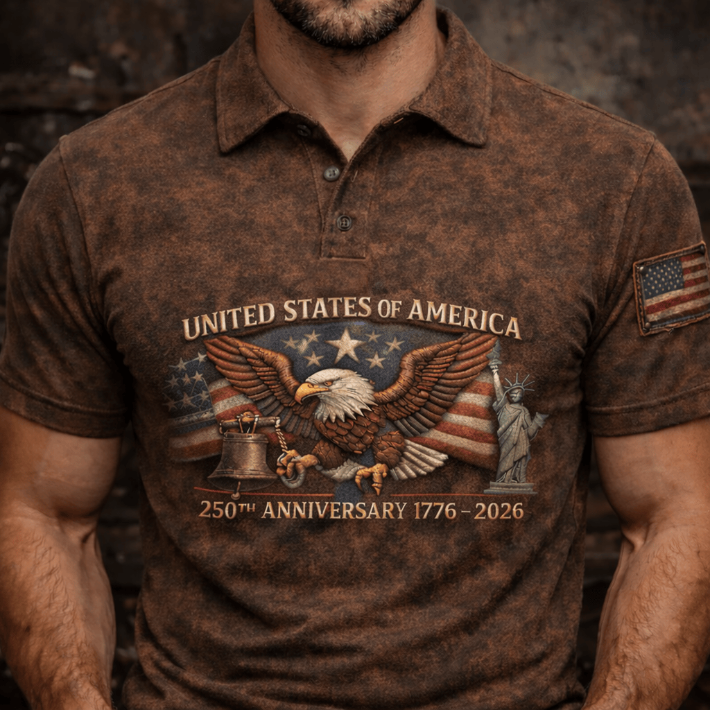 United States of America 250th Anniversary 1776–2026 Printed Polo Shirt, Patriotic Eagle Graphic Polo, Vintage USA Gift for Dad