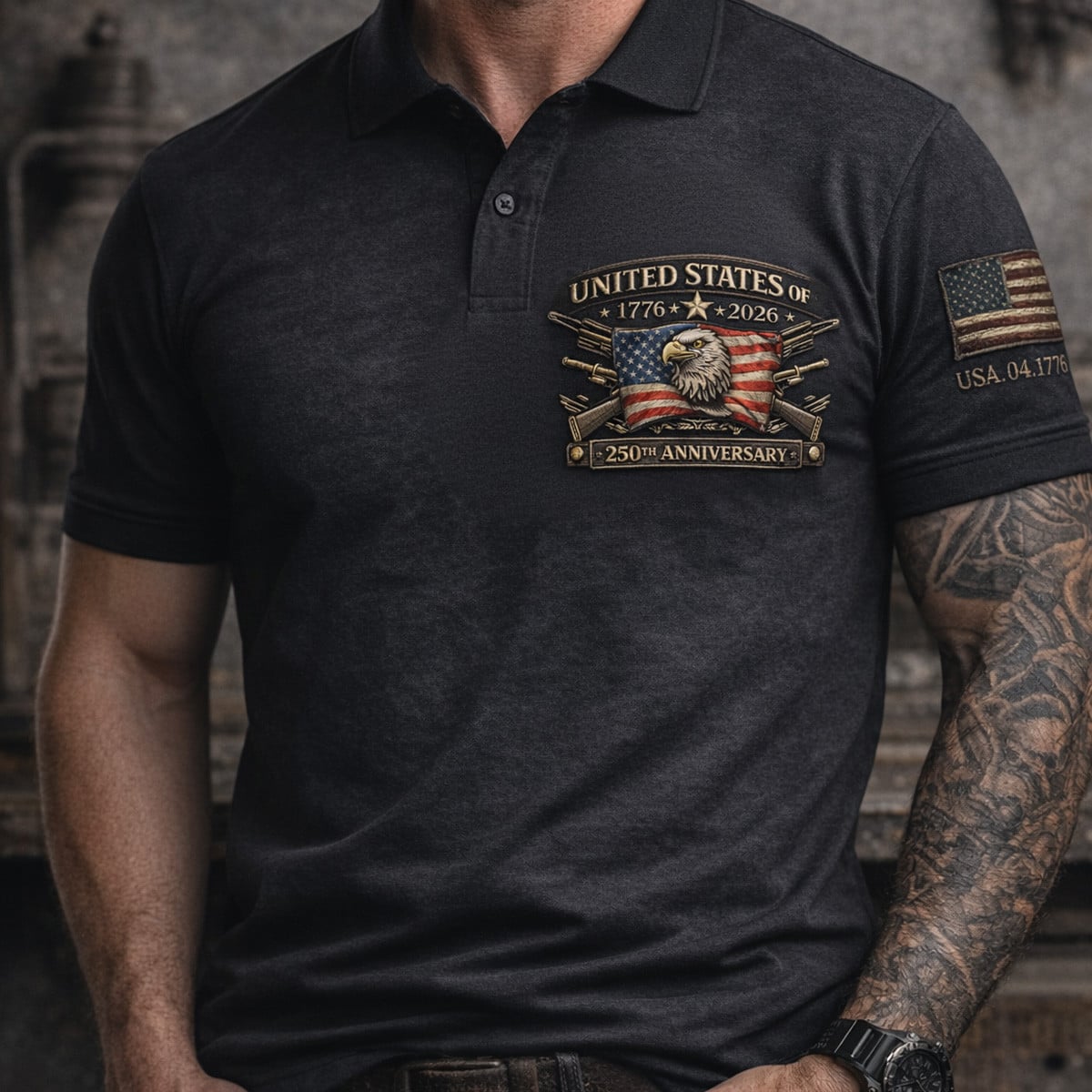 Printed USA 250th Anniversary Polo Shirt, United States of America 1776–2026 Patriotic Eagle Polo, Veteran Gift