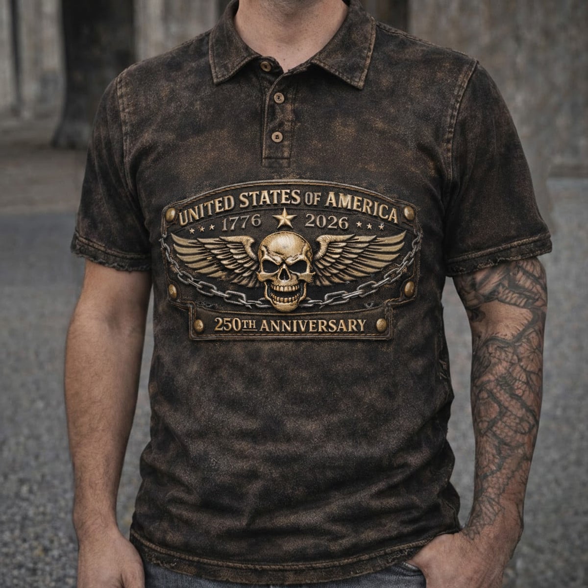 United States 250th Anniversary 1776 2026 Skull Wings Graphic Printed Polo Shirt for Men Patriotic Gift for Husband Dad Veteran